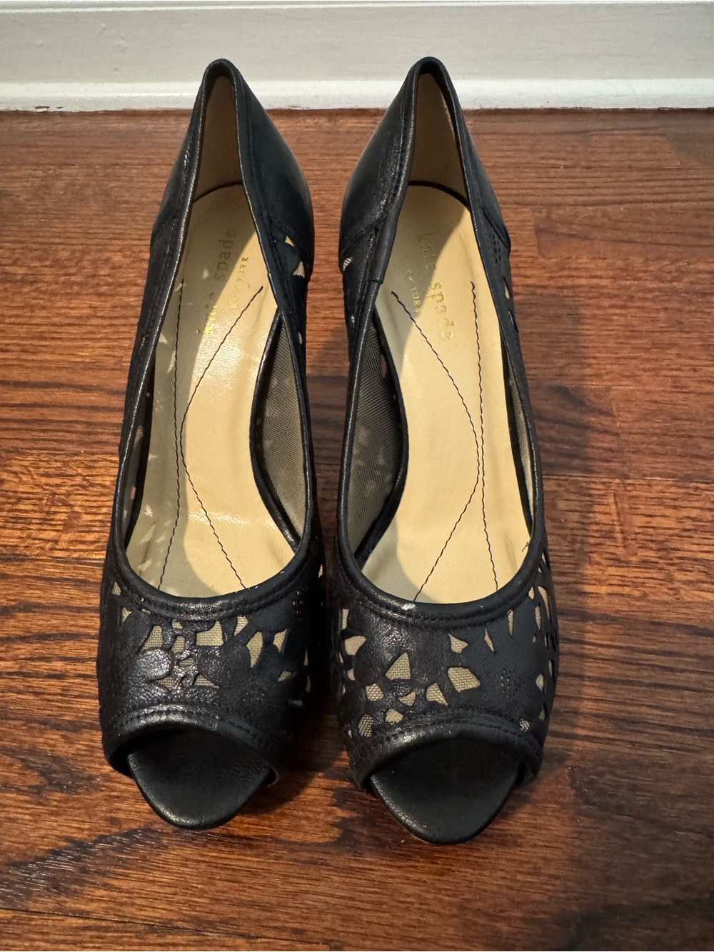 kate spade Black Laser-Cut Peep Toe Pumps